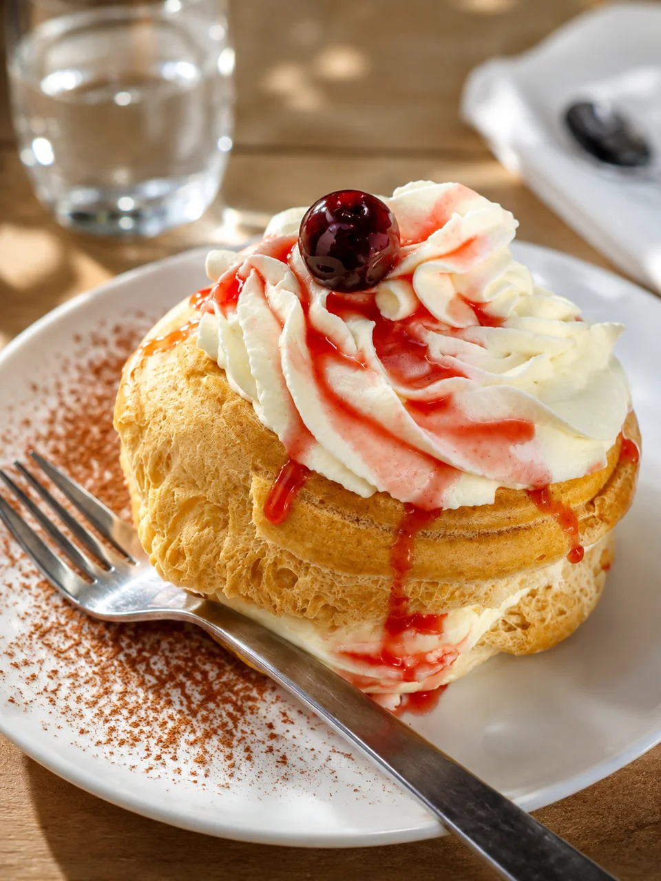 A cream-filled pastry topped with a cherry