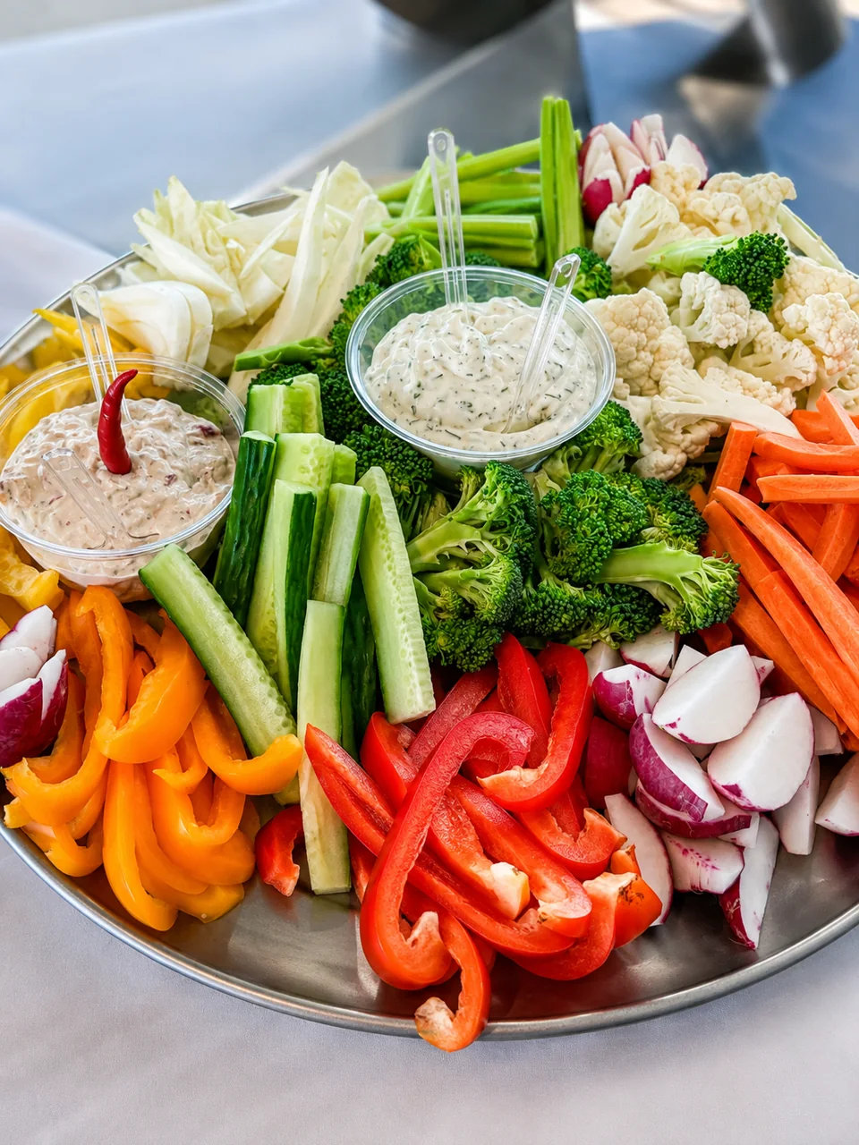 A colourful platter of fresh vegetables with dips