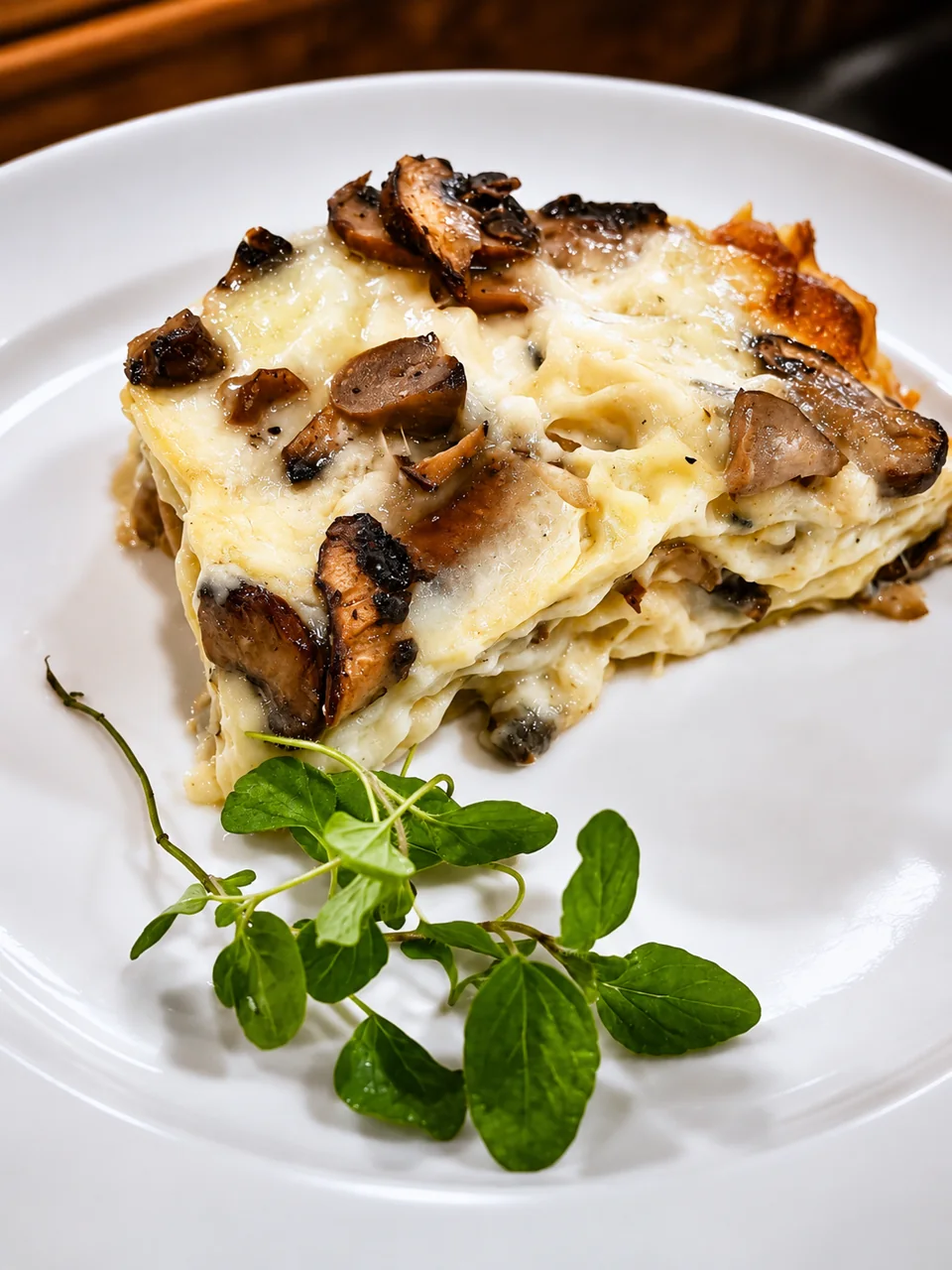 Baked pasta with mushrooms on a plate