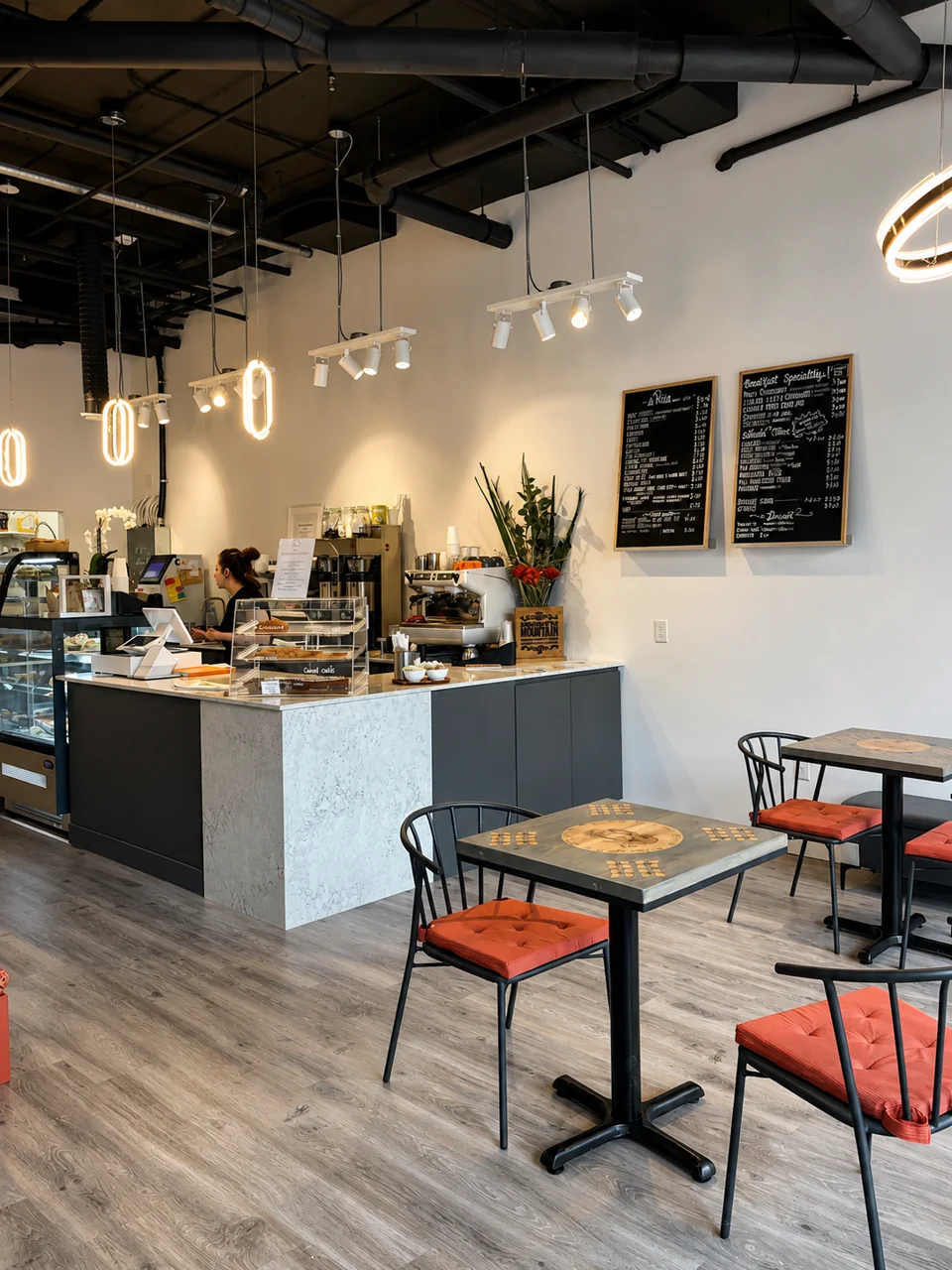 The counter and seating inside a Pria Cafe and Deli